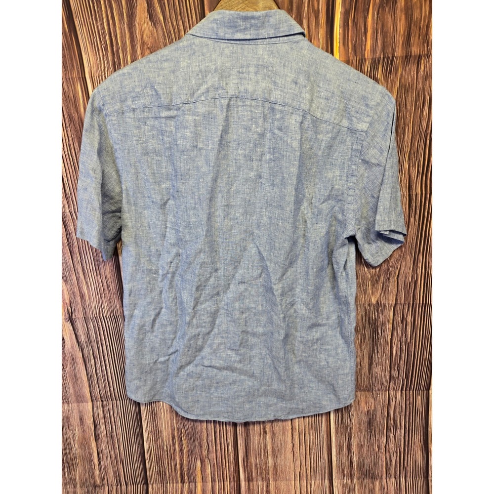 UNTUCKit Button Down Shirt Mens Medium Blue Linen Short Sleeve Slim Fit Wrinkle - Picture 6 of 8